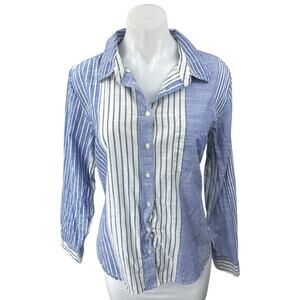 Lucky Brand Women's Blue White Striped Colorblock Button Down Shirt Top Size M